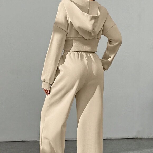 Khaki Casual Women's Zipper Front Hoodie And Pants Set - Picture 3 of 7